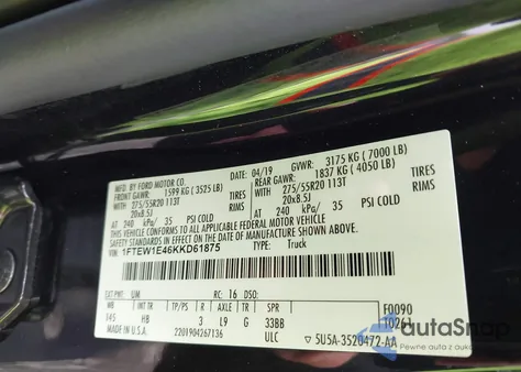 2019 Ford F-150 Lariat из США, поврежденный, VIN 1FTEW1E46KKD61875